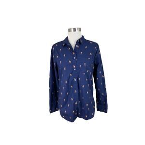 J. Crew Navy Bulldog Dog Print Button Front Shirt Size 4 Preppy Classic